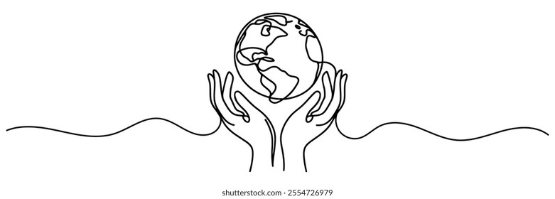 Continuous line drawing of hands holding Earth globe. Vector illustration isolated on white background.