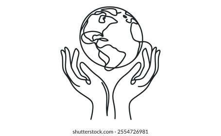 Continuous line drawing of hands holding Earth globe. Vector illustration isolated on white background.