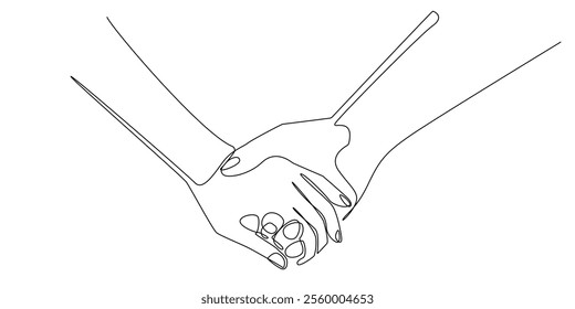 continuous line drawing of hands holding hands.one line drawing of holding hands.romantic couple,caring,humanity single line concept.isolated white background