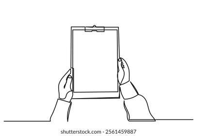 continuous line drawing of hands holding a clipboard with the checklist.To do a list with ticks and concepts for test expertise and exams in a simple linear style.line art Clipboard vector.