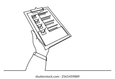 continuous line drawing of hands holding a clipboard with the checklist.To do a list with ticks and concepts for test expertise and exams in a simple linear style.line art Clipboard vector.