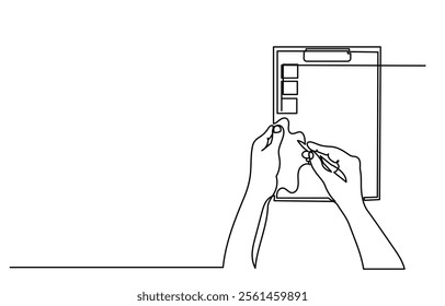 continuous line drawing of hands holding a clipboard with the checklist.To do a list with ticks and concepts for test expertise and exams in a simple linear style.line art Clipboard vector.