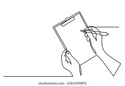 continuous line drawing of hands holding a clipboard with the checklist.To do a list with ticks and concepts for test expertise and exams in a simple linear style.line art Clipboard vector.