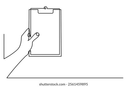 continuous line drawing of hands holding a clipboard with the checklist.To do a list with ticks and concepts for test expertise and exams in a simple linear style.line art Clipboard vector.