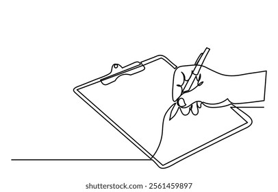 continuous line drawing of hands holding a clipboard with the checklist.To do a list with ticks and concepts for test expertise and exams in a simple linear style.line art Clipboard vector.