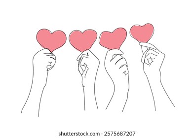 Continuous line drawing the hands holding the heart symbol. Socialize well. Symbol of interest. Thank goodness. National Screenwriters Day and valentine's day. Hand made vector not AI 