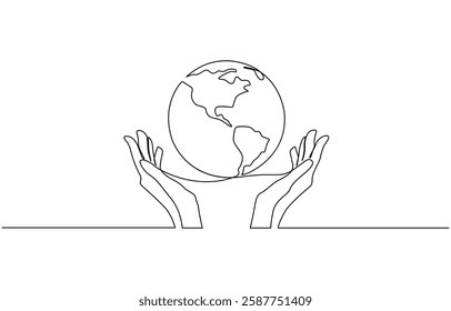 Continuous line drawing of hands holding Earth globe, Hand holding a globe in a continuous line drawing. Simplified design for global care and environmental.