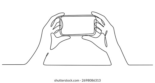 Continuous line drawing of hands holding a smartphone in landscape mode