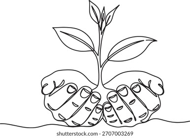 Continuous line drawing of hands holding seedling plant growing illustration.eps