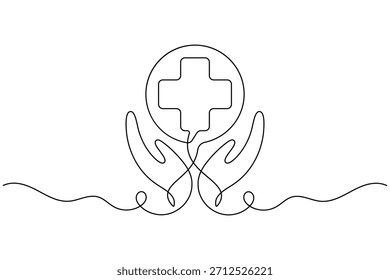 Continuous line drawing of hands holding a medical cross symbol, representing health care and support
