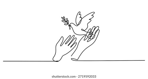 Dibujo de líneas continuas de manos sosteniendo una paloma de la paz con un Vector de rama de olivo, ilustración