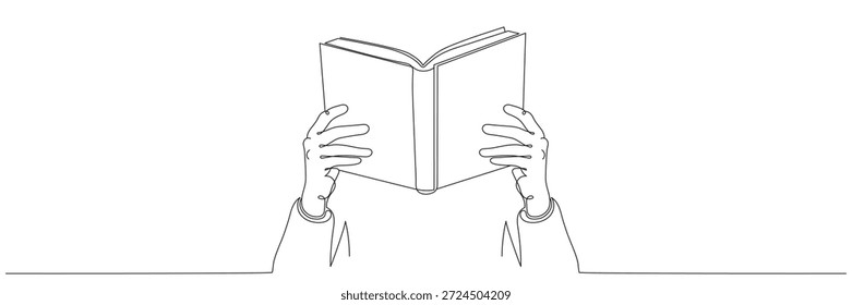 Kontinuierliche Strichzeichnung von Händen, die ein Buch halten. Bearbeitbare Zeile.