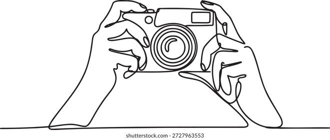 kontinuierliche Linien-Zeichnung von Händen halten Kamera, minimale grafische Illustration, Fotografie Konzept Kunst, kreative Hobby-Darstellung, Erfassung von Erinnerungen Idee, visuelle Erzählung Symbol, Fokus und Framing