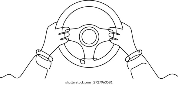 Stetigzeilenzeichnung von Lenkrad haltenden Händen, minimale grafische Illustration, Fahrkonzept Kunst, Darstellung der Fahrzeugsteuerung, Reise- und Reiseidee, Automobil-Schnittstelle, Transportsymbol