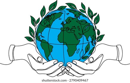 Continuous line drawing of a hands holding an earth globe with foliage accents symbolizing global conservation and environmental stewardship, earth day, environment day, line art vector illustration.