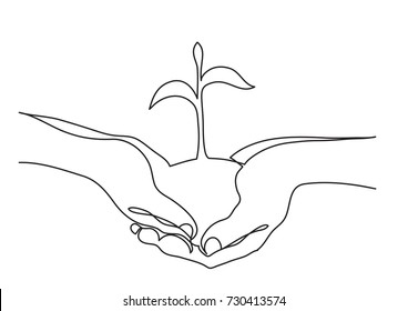 continuous line drawing of hands holding growing plant