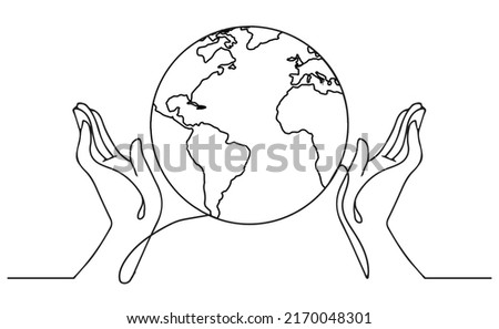 Continuous line drawing of hands holding terrestrial globe. Vector illustration isolated on white background.