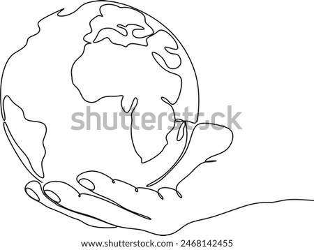 Continuous line drawing of hands holding a globe. Vector illustration isolated on white background. Without artificial intelligence