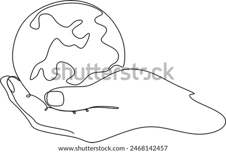 Continuous line drawing of hands holding a globe. Vector illustration isolated on white background. Without artificial intelligence