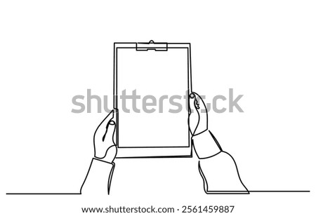 continuous line drawing of hands holding a clipboard with the checklist.To do a list with ticks and concepts for test expertise and exams in a simple linear style.line art Clipboard vector.