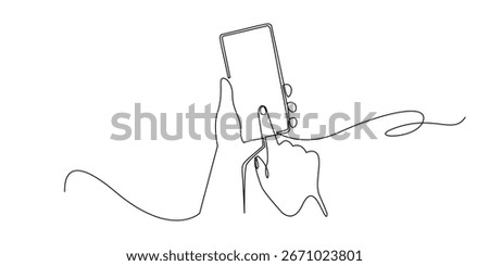 Continuous line drawing of hands holding a smartphone and touching the screen. Minimal one line art representing digital technology, mobile communication, app usage, and modern lifestyle.
