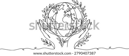 Continuous line drawing of a hands holding an earth globe with foliage accents symbolizing global conservation and environmental stewardship, earth day, environment day, line art vector illustration.