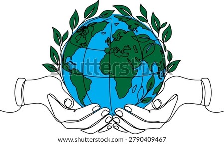Continuous line drawing of a hands holding an earth globe with foliage accents symbolizing global conservation and environmental stewardship, earth day, environment day, line art vector illustration.