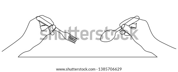 スプーンとフォークを持つ手の連続線画 白い背景に スプーンを1列に持つ手 白い背景にベクターイラスト のベクター画像素材 ロイヤリティフリー