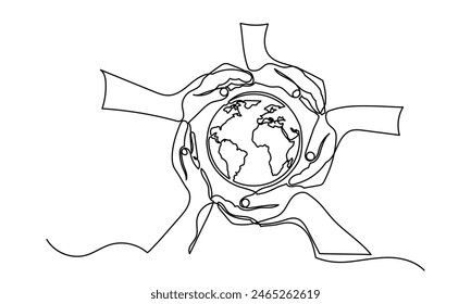 Continuous line drawing of hands makes a circle and Middle Earth. the concept of Earth conservation, world seve, Global protection, Multicultural world isolate of white background.