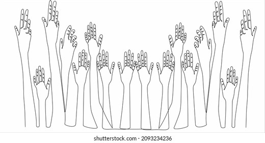 dibujo continuo de las manos con muchos levantados para ofrecer voluntariamente el concepto del día internacional de los derechos humanos ilustración vectorial