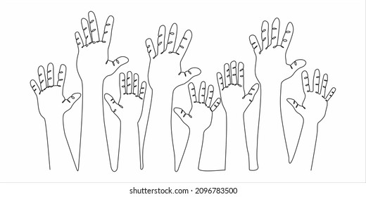 continuous line drawing of hands with many raised to volunteer international human rights day concept vector illustration