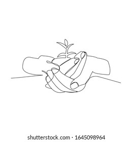 Continuous line drawing of hands palm with growth plant. Vector illustration.