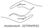 Continuous line drawing hands palms. Two human hands together line art. Vector illustration isolated on white.