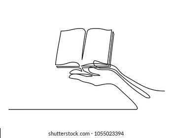 Continuous line drawing. Hands palms together with opened book. Vector illustration