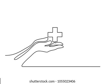 Continuous line drawing  Hands palms together and medical cross  Vector illustration
