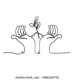 Continuous line drawing. Hands palms together with growth plant doodle handdrawing style