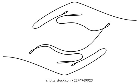 Continuous line drawing hands palms. Two human hands together line art. Vector illustration isolated on white.