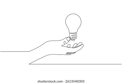 Continuous line drawing. Hands palms together with light bulb, One line drawing of Hand holding a light bulb. Symbol of creativity and invention.