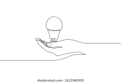 Continuous line drawing. Hands palms together with light bulb, One line drawing of Hand holding a light bulb. Symbol of creativity and invention.