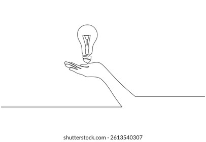 Continuous line drawing. Hands palms together with light bulb, One line drawing of Hand holding a light bulb. Symbol of creativity and invention.