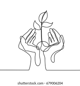 Continuous line drawing. Hands palms together with growth plant. Vector illustration
