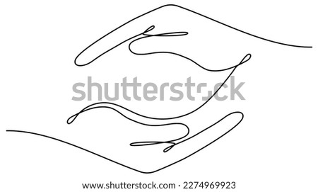 Continuous line drawing hands palms. Two human hands together line art. Vector illustration isolated on white.
