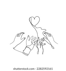 continuous line drawing Hands of people reaching for love together illustration