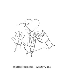 continuous line drawing Hands of people reaching for love together illustration