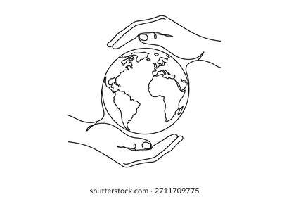 Dibujo continuo de líneas de manos que protegen el globo terráqueo, concepto ambiental
