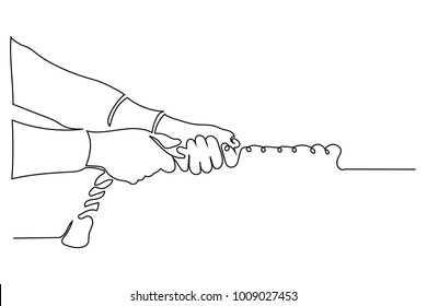 Continuous line drawing. Hands pull the rope. Drawing from the hands of a black thin line on a white background.