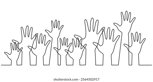 Continuous line drawing hands raising. Hand up concept of vote, teamwork, and help. Group of people open up and raising their hands up into the air. Vector illustration one line art minimalist.