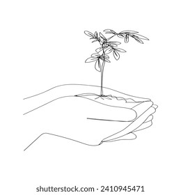 Continuous Line Drawing. Hands Showing Plant Growing. Black and White Background. Illustration Icon Vector