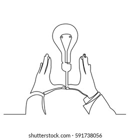 continuous line drawing of hands showing a new idea