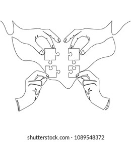 continuous line drawing of hands solving jigsaw puzzle Concept vector Partnership Coworking illustration